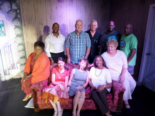 Actors in rehearsal for the Bay St. Louis Little Theatres 2015-2016 season opener Guess Whos Coming to Dinner which opens September 25th.  Seated L to R: Marsha Ragins, Christina Nelson, Cheryl Grace, Patricia Tice, and Mary Ellen Murphy.  Standing L to R:  Rick Amos, Larry Clark, Alex Birdwell, Stefen King, and Fred Varnado.